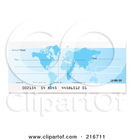 Royalty-Free (RF) Clipart Illustration of a Blank Blue Atlas Bank Check by michaeltravers