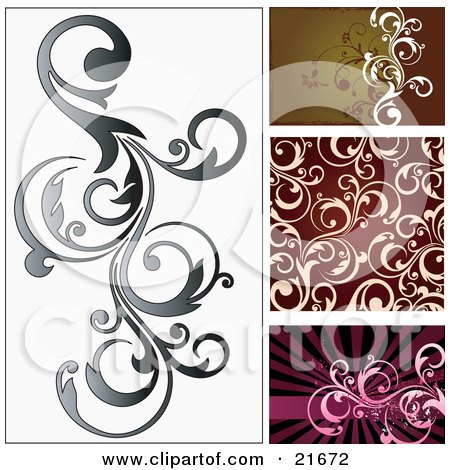 Clipart Picture Illustration of a Vine Scrolling Over A White Background, With Brown, Red And Pink Versions by OnFocusMedia