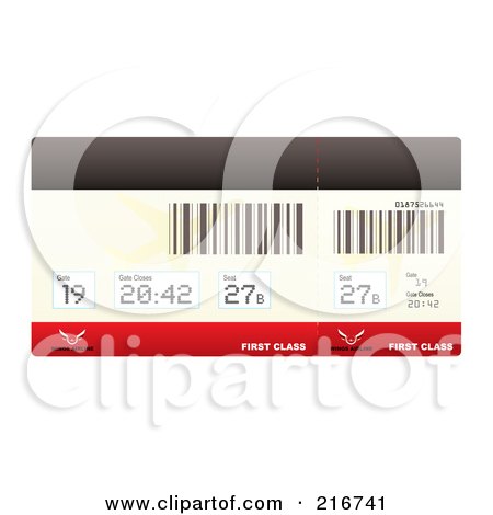 Royalty-Free (RF) Clipart Illustration of a First Class Plane Ticket With Barcodes by michaeltravers