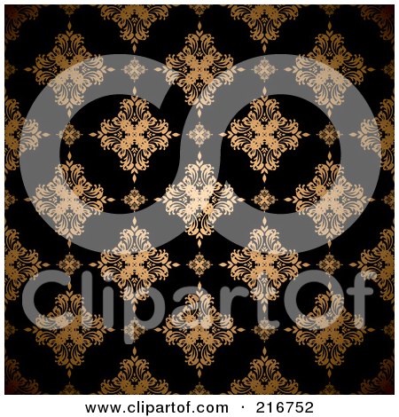Royalty-Free (RF) Clipart Illustration of a Seamless Background Of A Golden Floral Pattern On Black by michaeltravers