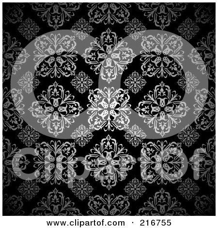 Royalty-Free (RF) Clipart Illustration of a Background Of Silver Floral Patterns On Black by michaeltravers