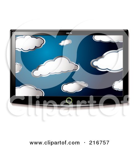 Royalty-Free (RF) Clipart Illustration of a Wall Mounted LCD Tv With A Cloud Display by michaeltravers