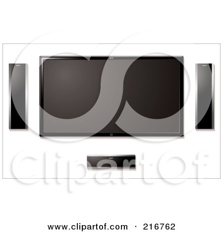 Royalty-Free (RF) Clipart Illustration of a Wall Mounted Lcd Tv With Surround Sound Speakers by michaeltravers