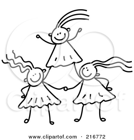 Royalty-Free (RF) Clipart Illustration of a Childs Sketch Of Black And White Girls Forming A Pyramid by Prawny