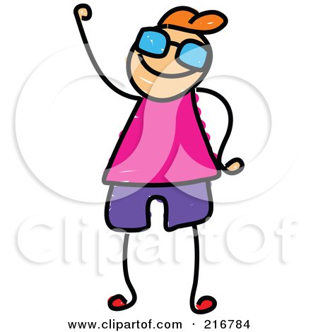 Royalty-Free (RF) Clipart Illustration of a Childs Sketch Of A Waving Boy Wearing Glasses by Prawny