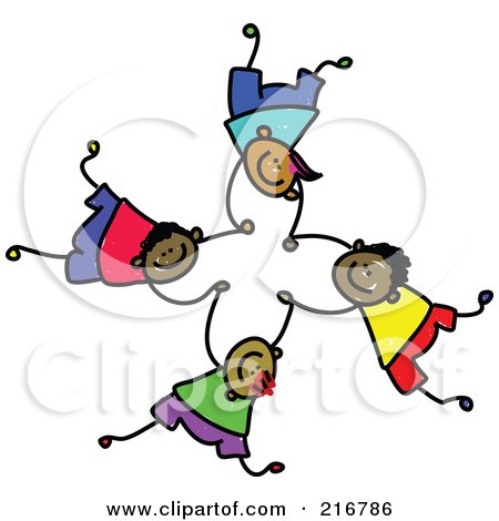 Royalty-Free (RF) Clipart Illustration of a Childs Sketch Of Four Boys Falling And Holding Hands - 2 by Prawny
