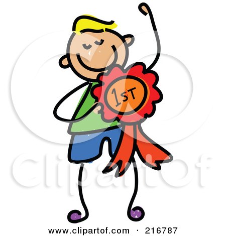 Royalty-Free (RF) Clipart Illustration of a Childs Sketch Of A Boy With A First Place Ribbon by Prawny