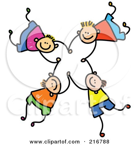 Royalty-Free (RF) Clipart Illustration of a Childs Sketch Of Four Boys Falling And Holding Hands - 3 by Prawny
