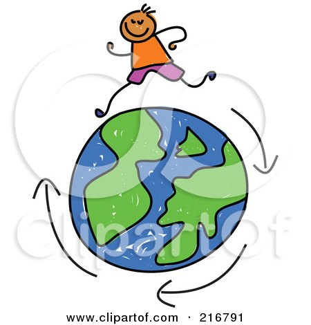 Royalty-Free (RF) Clipart Illustration of a Childs Sketch Of A Boy Running Around A Globe by Prawny