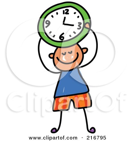 Royalty-Free (RF) Clipart Illustration of a Childs Sketch Of A Boy Holding A Green Clock by Prawny
