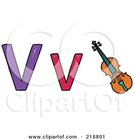 Royalty-Free (RF) Clipart Illustration of a Childs Sketch Of A Lowercase And Capital Letter V With A Violin by Prawny