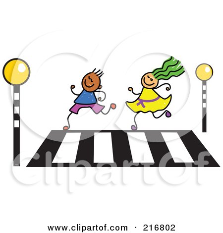 Royalty-Free (RF) Clipart Illustration of a Childs Sketch Of A Boy And Girl Running Over A Crosswalk by Prawny