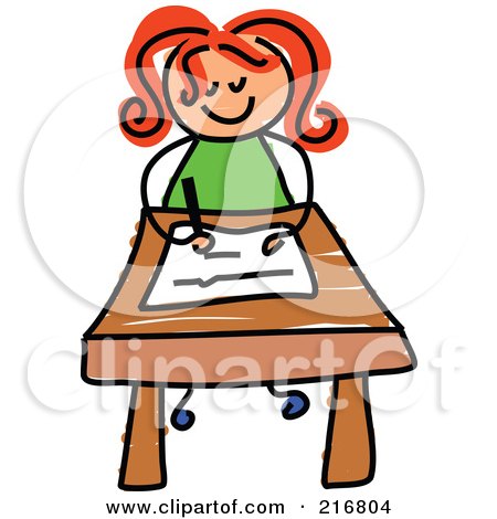 Royalty-Free (RF) Clipart Illustration of a Childs Sketch Of A Girl Writing At Her Desk by Prawny