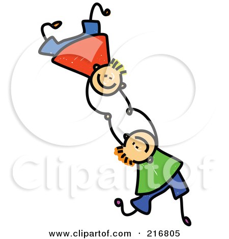 Royalty-Free (RF) Clipart Illustration of a Childs Sketch Of Two Boys Falling And Holding Hands - 1 by Prawny