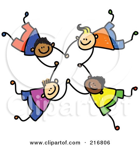 Royalty-Free (RF) Clipart Illustration of a Childs Sketch Of Four Boys Falling And Holding Hands - 1 by Prawny