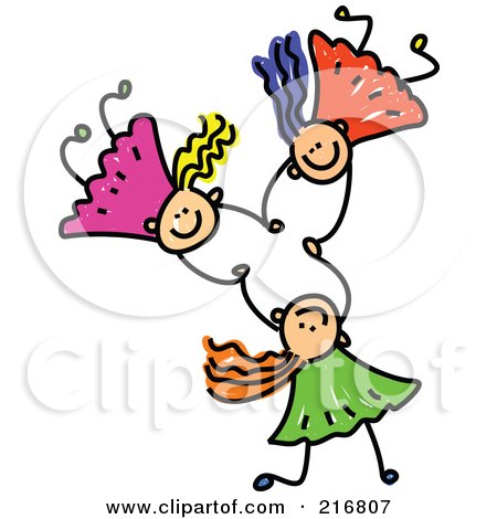 Royalty-Free (RF) Clipart Illustration of a Childs Sketch Of Three Kids Holding Hands While Falling - 5 by Prawny