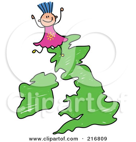 Royalty-Free (RF) Clipart Illustration of a Childs Sketch Of A Girl On A Uk Map by Prawny
