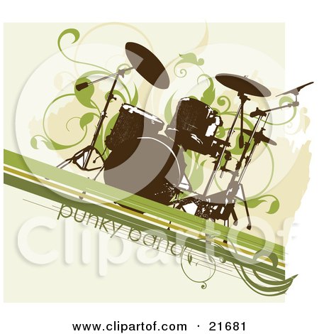 Musical Clipart Picture Illustration of a Grunge Drum Set Over A Beige Background With Green Lines And Vines by OnFocusMedia