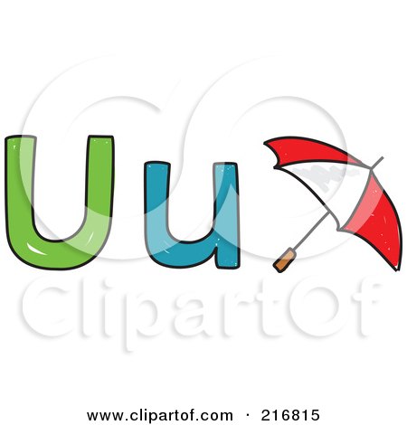 Royalty-Free (RF) Clipart Illustration of a Childs Sketch Of A Lowercase And Capital Letter U With A Umbrella by Prawny
