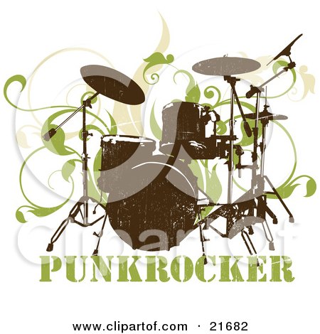 Musical Clipart Picture Illustration of a Silk Screened Drumset Over Green Vines On A White Background by OnFocusMedia
