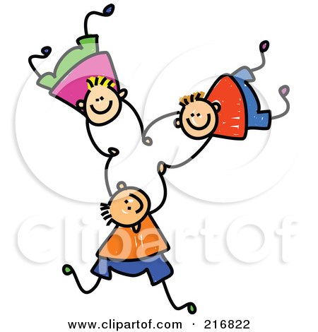 Royalty-Free (RF) Clipart Illustration of a Childs Sketch Of Three Boys Falling And Holding Hands - 3 by Prawny