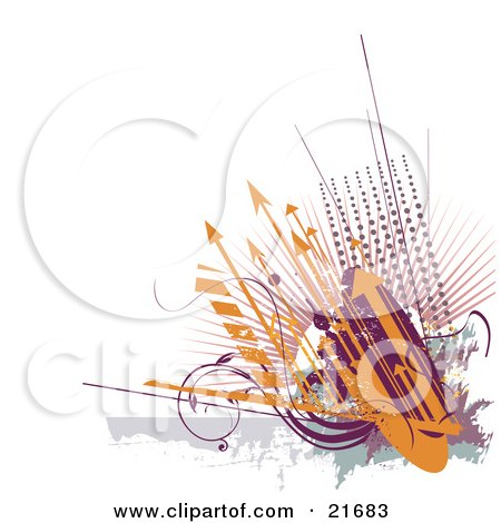 Clipart Picture Illustration of a Background Of Orange Arrows Pointing Upwards, Over Purple Sccrolling Vines And Dots, On A White Background by OnFocusMedia
