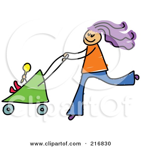 Royalty-Free (RF) Clipart Illustration of a Childs Sketch Of A Mom Pushing A Baby Stroller by Prawny