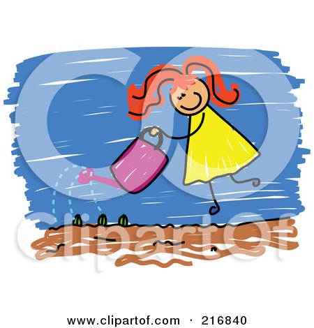Royalty-Free (RF) Clipart Illustration of a Childs Sketch Of A Girl Watering Her Garden by Prawny