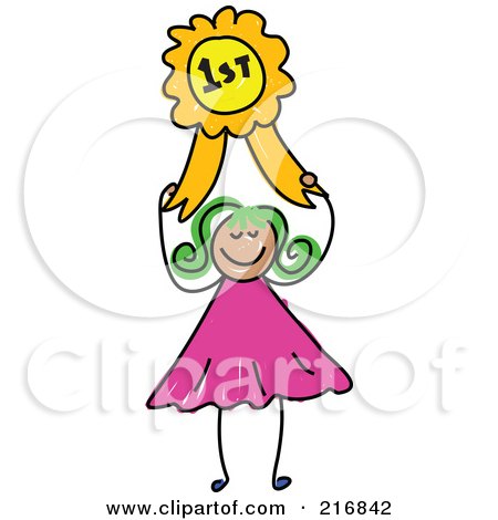 Royalty-Free (RF) Clipart Illustration of a Childs Sketch Of A Girl Holding A First Place Ribbon by Prawny