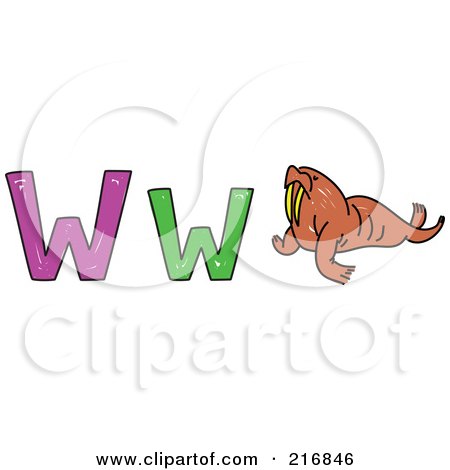 Royalty-Free (RF) Clipart Illustration of a Childs Sketch Of A Lowercase And Capital Letter W With A Walrus by Prawny