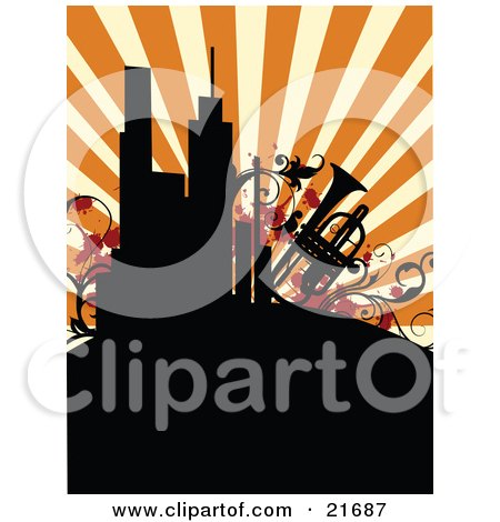 Musical Clipart Picture Illustration of a Retro Background Of Silhouetted City Buildings And A Trumpet With Vines Over Orange by OnFocusMedia
