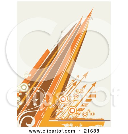 Clipart Picture Illustration of Orange Arrows With Circles Nad Vines, Pointing Upwards With Lines Over An Off White Background by OnFocusMedia