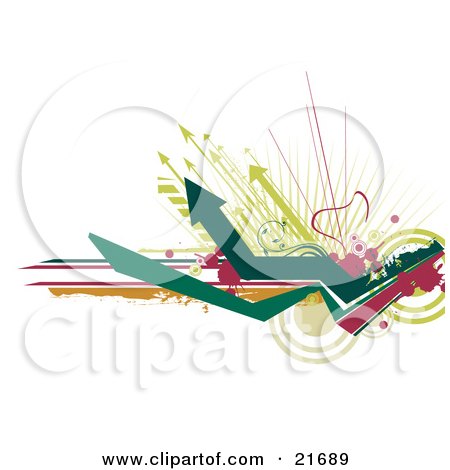 Nature Clipart Picture Illustration of Green Arrows And Circles With Pink Splatters Over A White Background by OnFocusMedia
