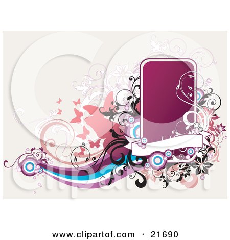 Clipart Picture Illustration of a Website Background With Pink Butterflies, Purple, Blue And Winte Waves And A Blank Pink Box With A Banner And Scrolled Vines by OnFocusMedia