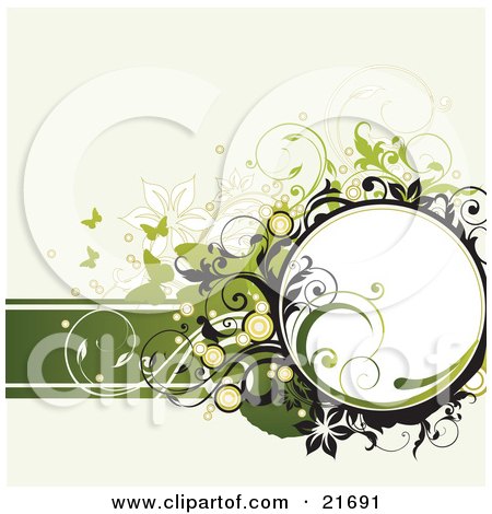 Clipart Picture Illustration of Green Silhouetted Butterflies With Flowers, Circles And Scrolls Over A White Background by OnFocusMedia