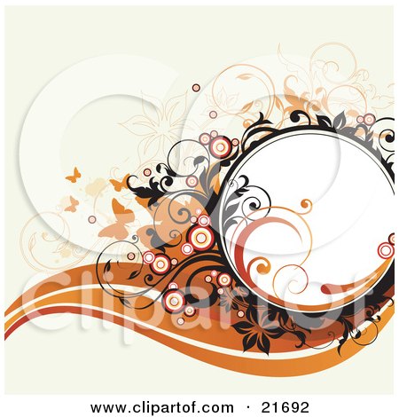 Clipart Picture Illustration of Orange Silhouetted Butterflies With Flowers, Circles And Black Scrolls Over A White Background by OnFocusMedia