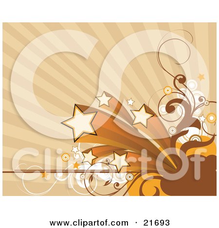 Clipart Picture Illustration of Five Shooting Stars With Speed Trails With Circles And Vines Over A Tan Background by OnFocusMedia