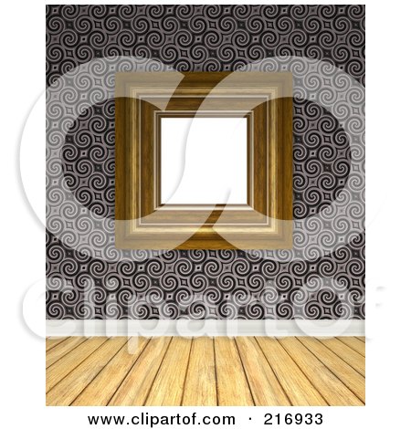 Royalty-Free (RF) Clipart Illustration of a Wood Floor With A Wall Of Gray Spirals And A Blank Frame by Arena Creative