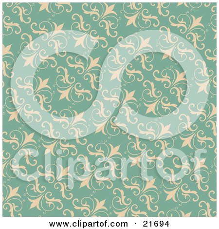 Clipart Picture Illustration of a Vintage Turquoise Background Of Beige Flourishes by OnFocusMedia