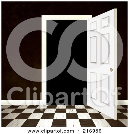 Royalty-Free (RF) Clipart Illustration of a Open Doorway With A Dark Brown Wall And Checkered Floor by Arena Creative