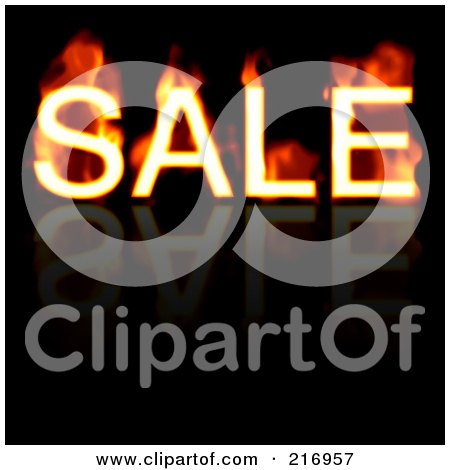 Royalty-Free (RF) Clipart Illustration of a Flaming Sale Word On Reflective Black by Arena Creative