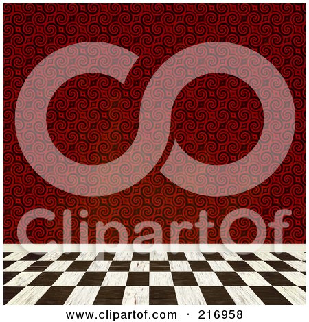 Royalty-Free (RF) Clipart Illustration of a Checkered Floor  And A Wall Of Red Spiral Wallpaper by Arena Creative