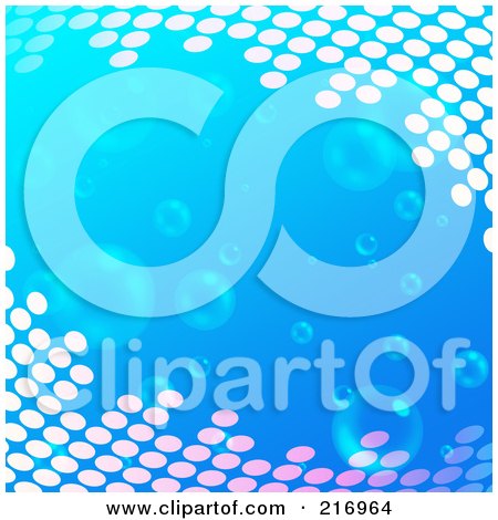 Royalty-Free (RF) Clipart Illustration of a Blue Background With Floating Bubbles And Halftone Corners by Arena Creative