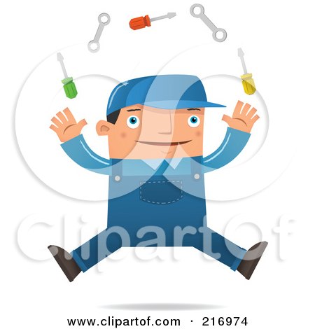 Royalty-Free (RF) Clipart Illustration of a Jumping Engineer Juggling Tools by Qiun