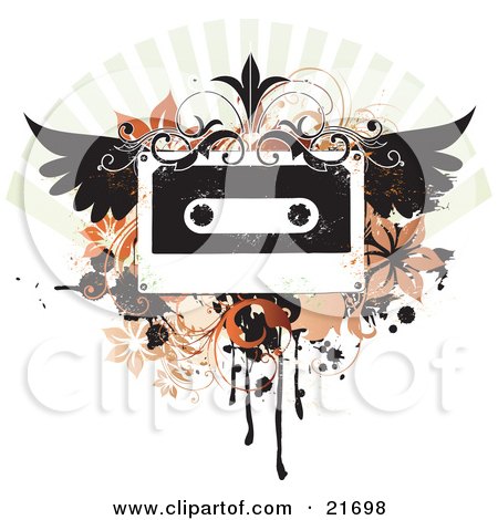 Musical Clipart Picture Illustration of a Winged Cassette Tape With Flourishes, Flowers And Scrolls On A Grunge Background by OnFocusMedia
