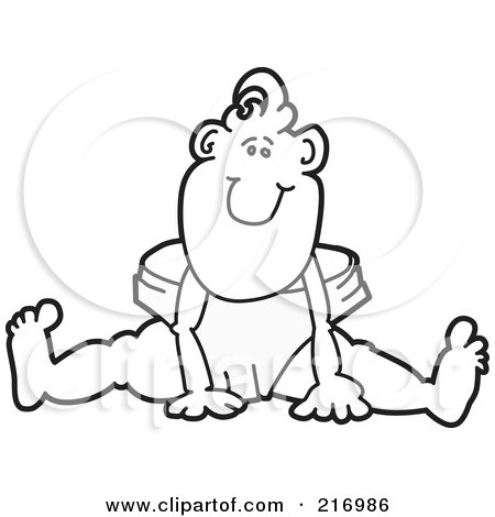 Royalty-Free (RF) Clipart Illustration of a Happy Outlined Baby Sitting In A Large Diaper by Mascot Junction