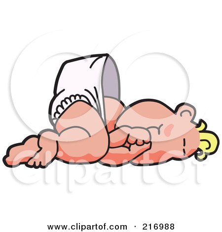 Royalty-Free (RF) Clipart Illustration of a Happy Blond Baby In A Diaper, Sucking His Thumb And Laying Down by Mascot Junction
