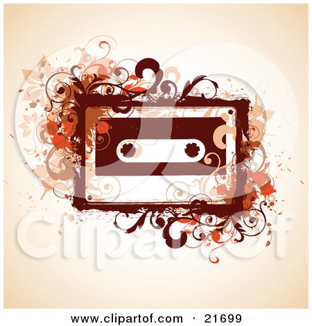 Musical Clipart Picture Illustration of an 80s Cassette Tape With Brown And Orange Flourishes And Vines Over An Orange Background by OnFocusMedia