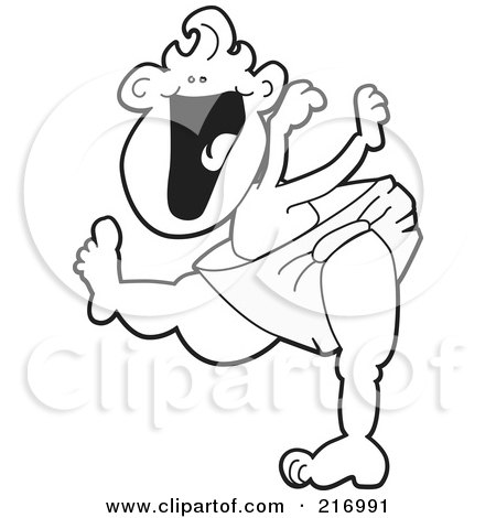 Royalty-Free (RF) Clipart Illustration of a Happy Outlined Baby In A Diaper, Learning To Walk by Mascot Junction