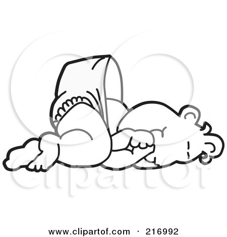 Royalty-Free (RF) Clipart Illustration of a Happy Outlined Baby In A Diaper, Sucking His Thumb And Laying Down by Mascot Junction